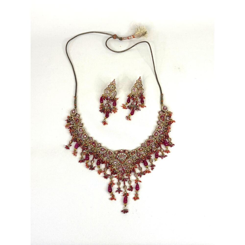 Kundan Bollywood Style India Bridal Set Necklace Earrings Pink Gold Tone
